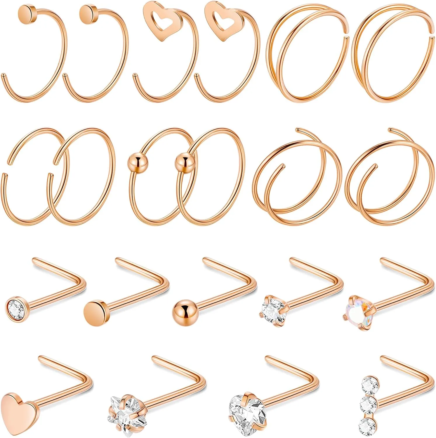 21PCS 22G 316L Stainless Steel Nose Rings Hoops for Women Men CZ L Shaped Nose Studs Open Hoop Nose Rings Nostril Piercing Jewelry