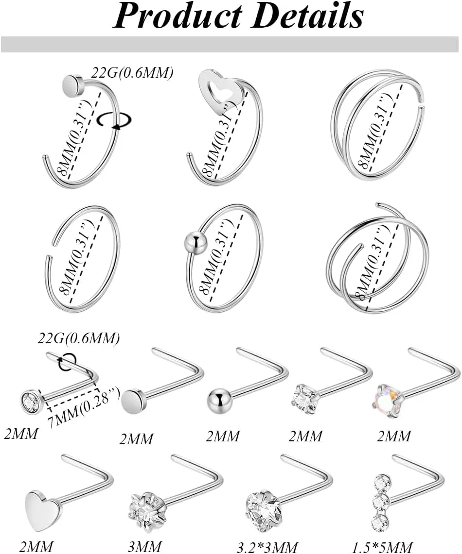 21PCS 22G 316L Stainless Steel Nose Rings Hoops for Women Men CZ L Shaped Nose Studs Open Hoop Nose Rings Nostril Piercing Jewelry