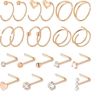 21PCS 22G 316L Stainless Steel Nose Rings Hoops for Women Men CZ L Shaped Nose Studs Open Hoop Nose Rings Nostril Piercing Jewelry