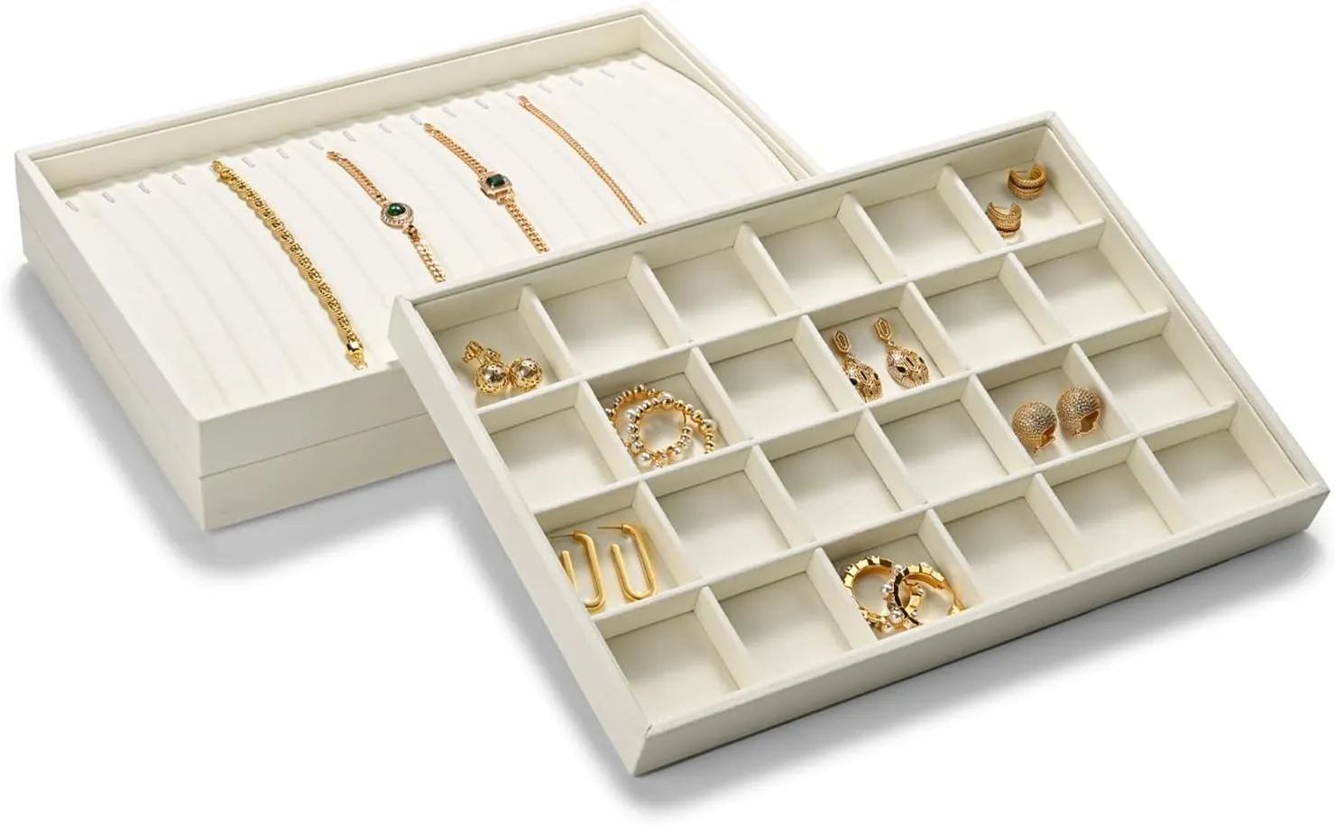 24 Grids Necklace Display Tray Stackable Jewelry Organizer Trays Microfiber Necklace Bracelet Pendant Holder Storage Display (Beige