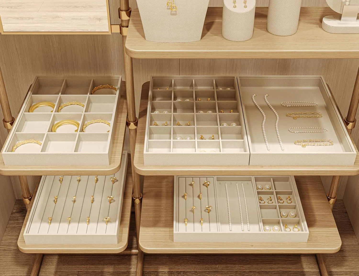 24 Grids Necklace Display Tray Stackable Jewelry Organizer Trays Microfiber Necklace Bracelet Pendant Holder Storage Display (Beige