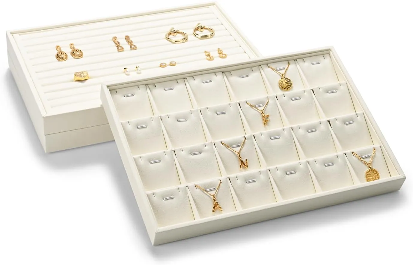 24 Grids Necklace Display Tray Stackable Jewelry Organizer Trays Microfiber Necklace Bracelet Pendant Holder Storage Display (Beige