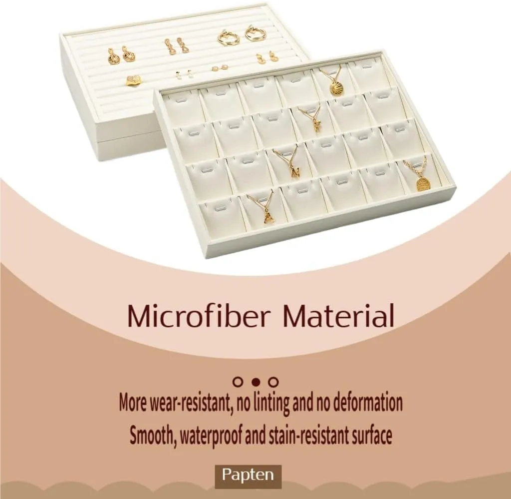 24 Grids Necklace Display Tray Stackable Jewelry Organizer Trays Microfiber Necklace Bracelet Pendant Holder Storage Display (Beige