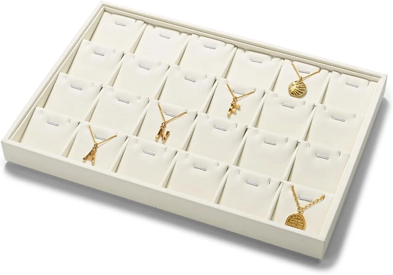 24 Grids Necklace Display Tray Stackable Jewelry Organizer Trays Microfiber Necklace Bracelet Pendant Holder Storage Display (Beige
