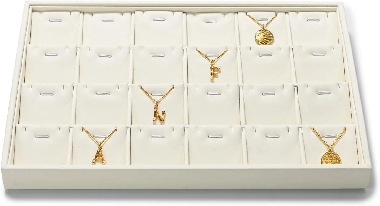 24 Grids Necklace Display Tray Stackable Jewelry Organizer Trays Microfiber Necklace Bracelet Pendant Holder Storage Display (Beige
