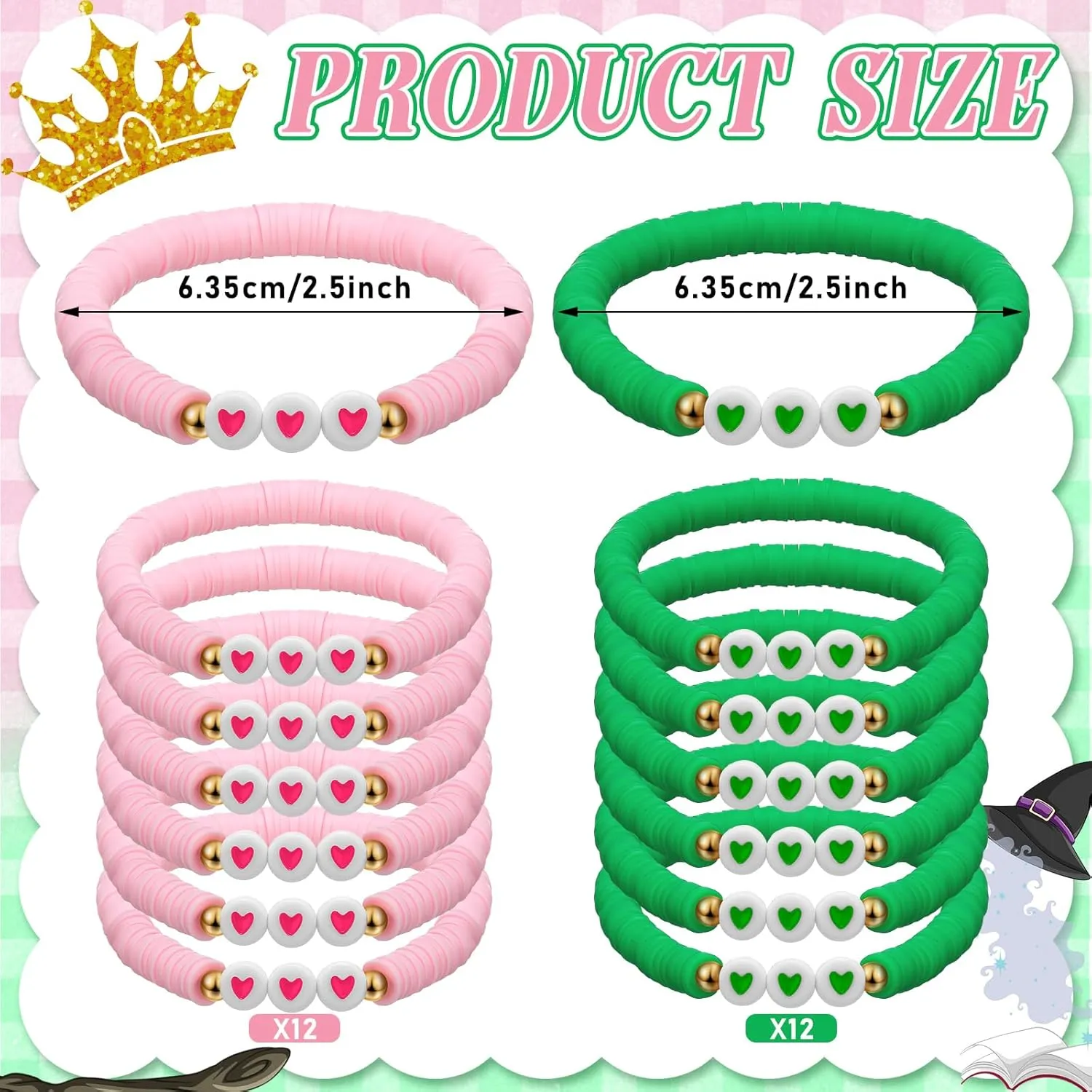 24 Pcs Pink Green Witch Party Favors Gifts Bracelets Polymer Clay Beaded Friendship Bracelets for Witch Party (Heart Style)