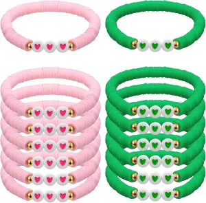 24 Pcs Pink Green Witch Party Favors Gifts Bracelets Polymer Clay Beaded Friendship Bracelets for Witch Party (Heart Style)