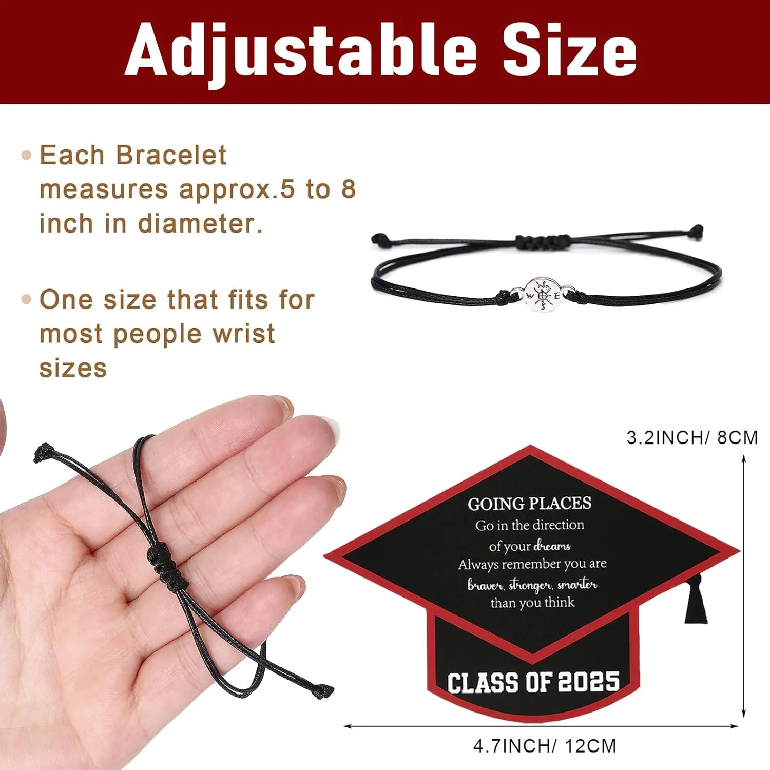 24 Sets Graduation Bracelets Class of 2025 Gift Cards Adjustable Compass Bracelets College High School Graduation Gifts for Classmates