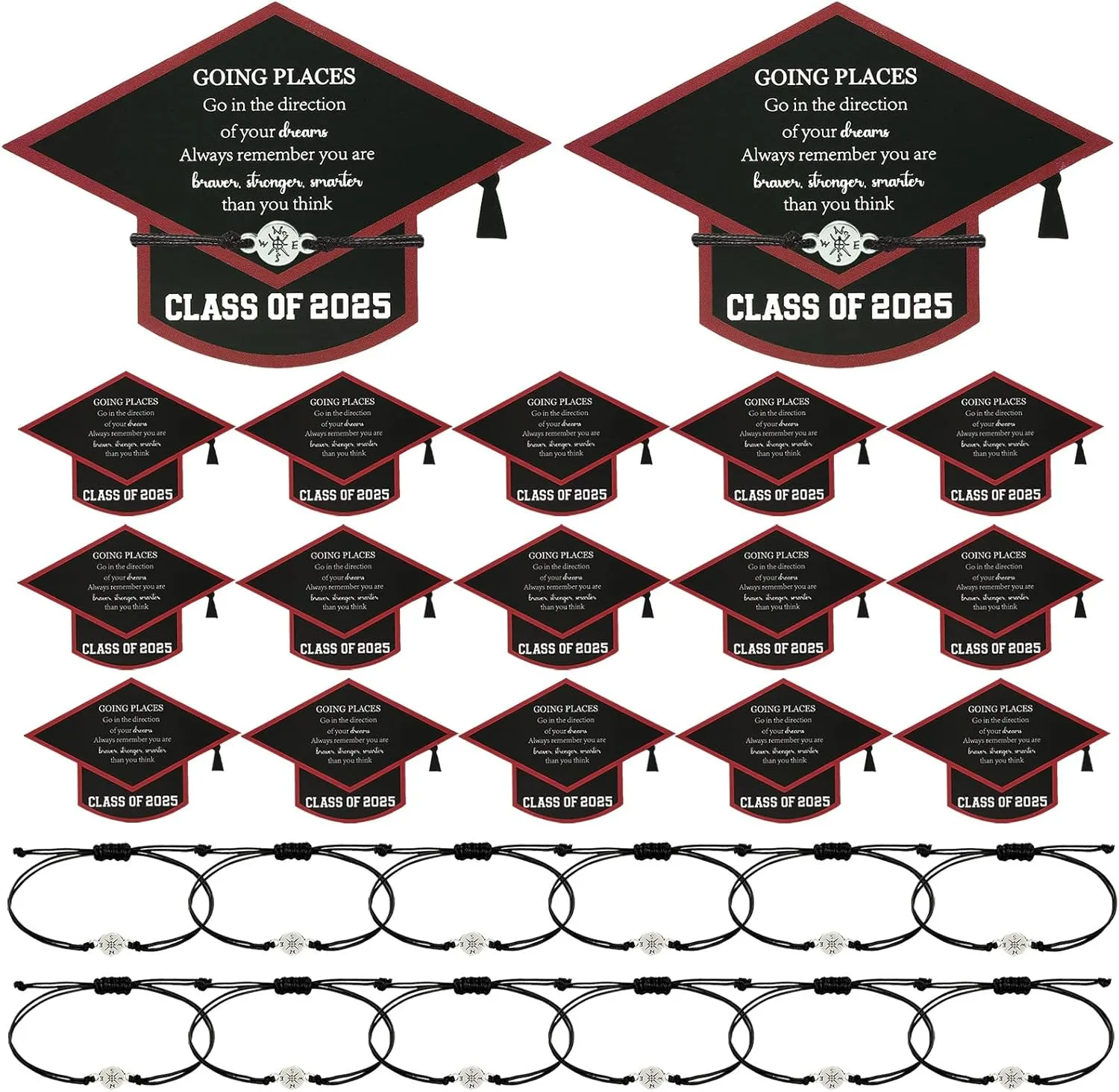 24 Sets Graduation Bracelets Class of 2025 Gift Cards Adjustable Compass Bracelets College High School Graduation Gifts for Classmates