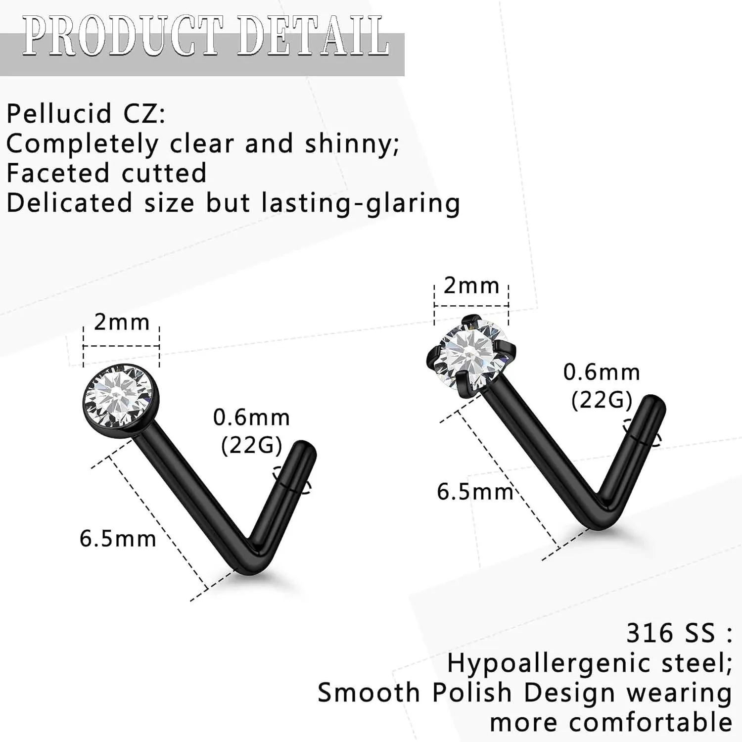 24G 22G 20G 18G Nose Rings Studs Piercing Jewelry For Women Men 316L Stainless Surgical Steel Nose Rings Studs Nostrial Piercing Jewelry for Women Men Diamond CZ 2mm Silver Black Gold