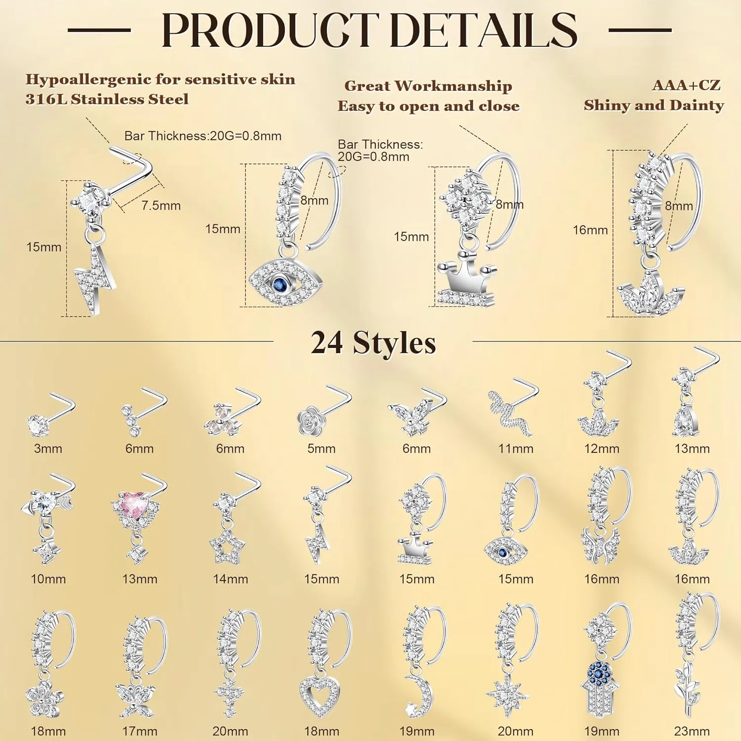 24Pcs 20G Surgical Steel Dangle Nose Ring for Women L Shaped Dangling Nose Stud Dainty Nose Hoop Set CZ Flower Leaf Heart Moon Star Butterfly Dangle Nose Piercing Jewelry