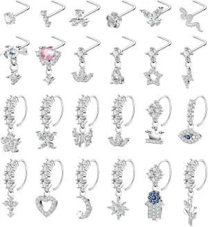 24Pcs 20G Surgical Steel Dangle Nose Ring for Women L Shaped Dangling Nose Stud Dainty Nose Hoop Set CZ Flower Leaf Heart Moon Star Butterfly Dangle Nose Piercing Jewelry