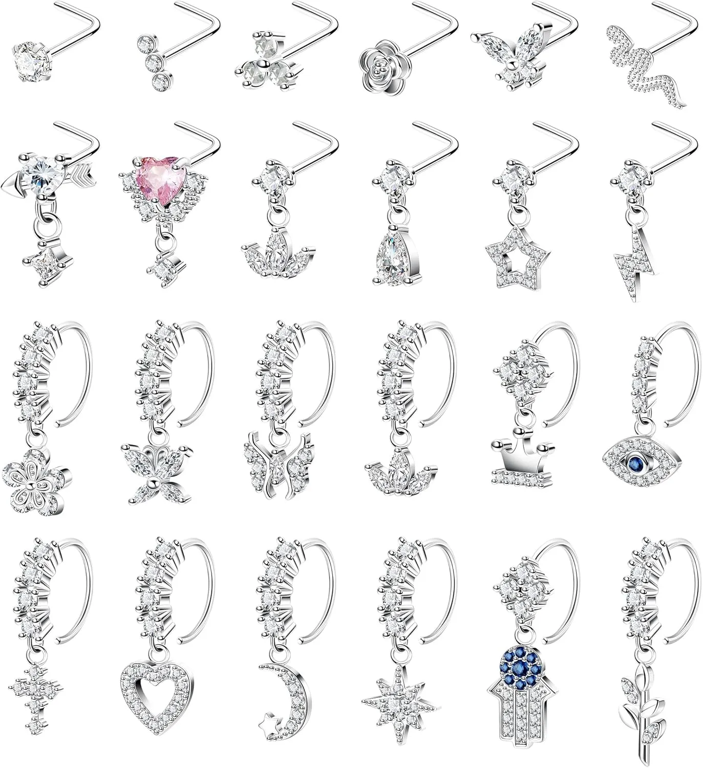 24Pcs 20G Surgical Steel Dangle Nose Ring for Women L Shaped Dangling Nose Stud Dainty Nose Hoop Set CZ Flower Leaf Heart Moon Star Butterfly Dangle Nose Piercing Jewelry