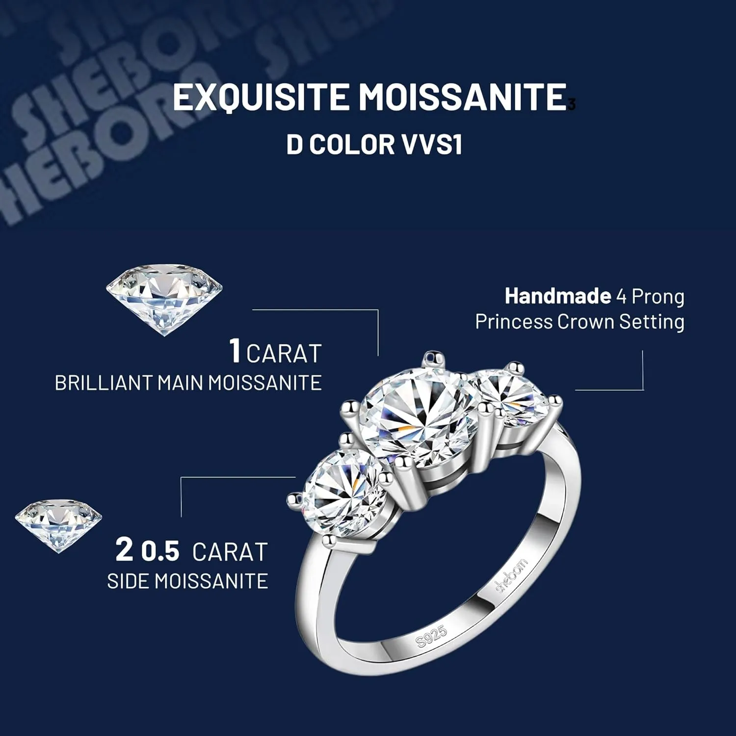 2ct Moissanite Rings for Women 3 Stone Wedding Band Moissanite Travel Engagement Ring 925 Sterling Silver 18K White Gold Plated D Color 2 Carat Anniversary/Wedding/Promise Jewelry for Her