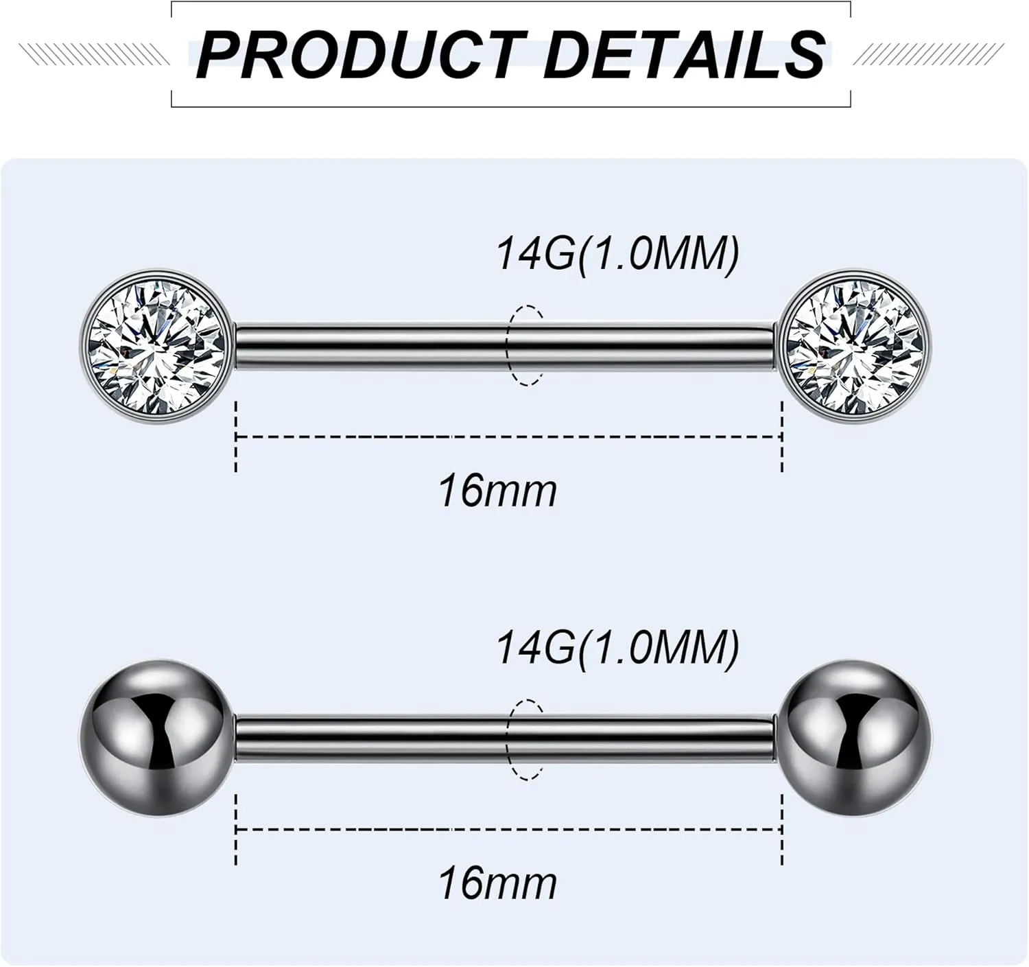 2Pairs 14G G23 Titanium Nipple Rings for Women Tongue Rings Straight Barbells Ring CZ Nipplerings Body Piercing Jewelry 12mm 14mm 16mm