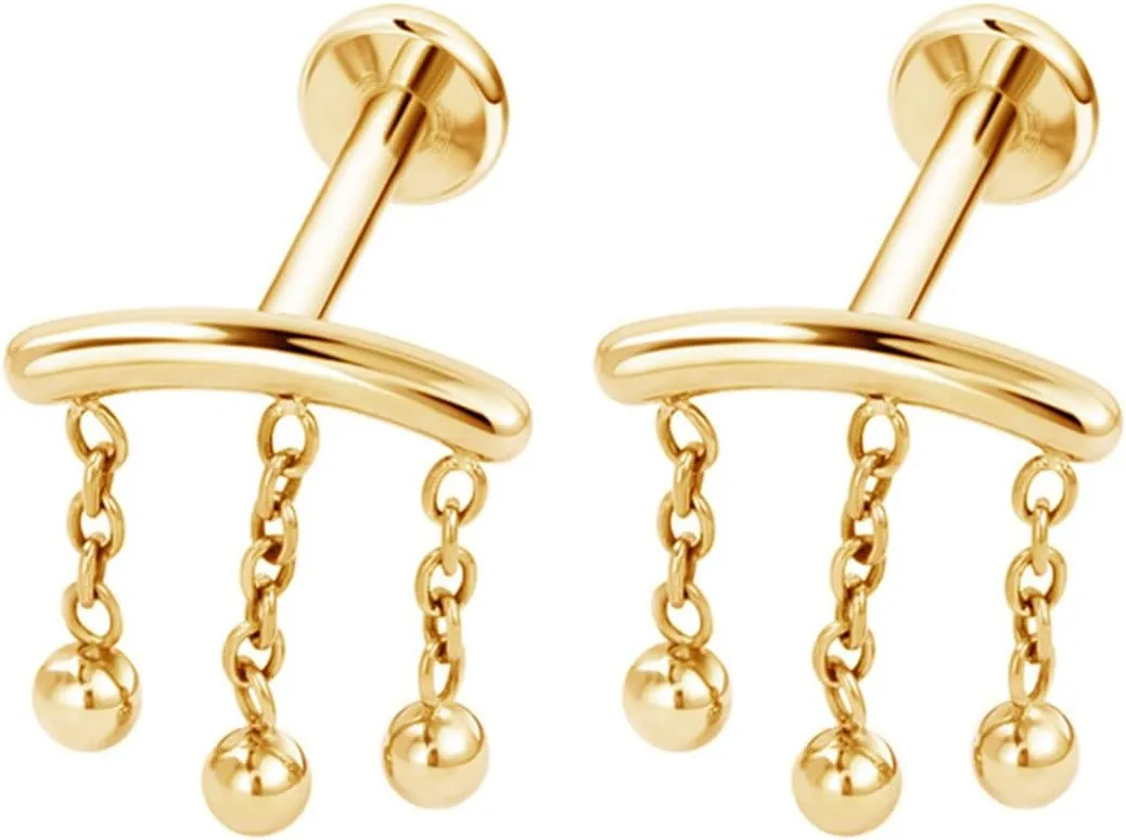 2Pcs 16G Chains Dangle Stainless Steel Lip Rings Cartilage Stud Earrings Dangling Tassel Conch Helix Tragus Studs Earrings Medusa Piercing Jewelry for Women