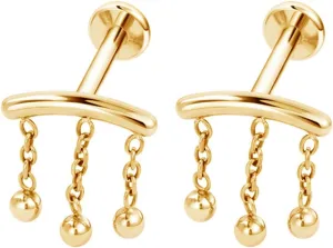 2Pcs 16G Chains Dangle Stainless Steel Lip Rings Cartilage Stud Earrings Dangling Tassel Conch Helix Tragus Studs Earrings Medusa Piercing Jewelry for Women