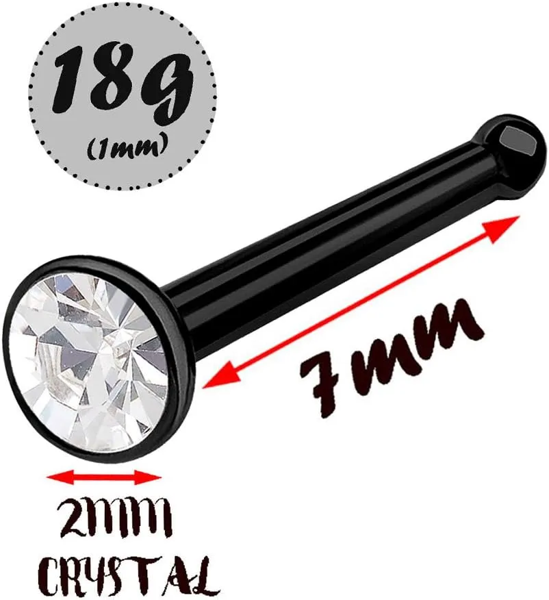 2pcs 18g 1mm Nose Stud Bone Straight Bar Nostril Ring Black Anodized Surgical Stainless Steel 2mm Crystal Choose Color
