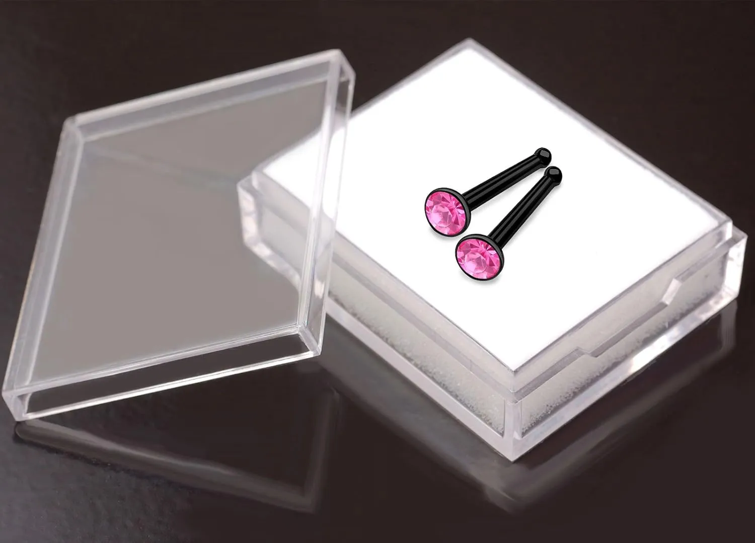 2pcs 18g 1mm Nose Stud Bone Straight Bar Nostril Ring Black Anodized Surgical Stainless Steel 2mm Crystal Choose Color