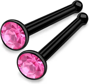 2pcs 18g 1mm Nose Stud Bone Straight Bar Nostril Ring Black Anodized Surgical Stainless Steel 2mm Crystal Choose Color