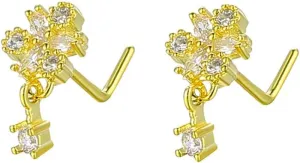 2Pcs 20G CZ Flower Dangle Nose Rings for Women Stainless Steel L-Shaped Nose Studs Rings Dangling Nostril Nose Piercing Jewelry