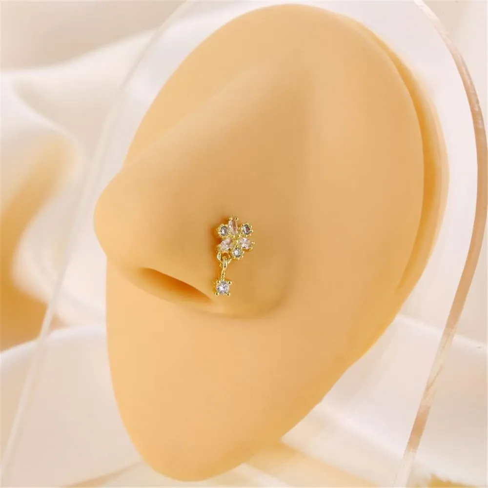 2Pcs 20G CZ Flower Dangle Nose Rings for Women Stainless Steel L-Shaped Nose Studs Rings Dangling Nostril Nose Piercing Jewelry