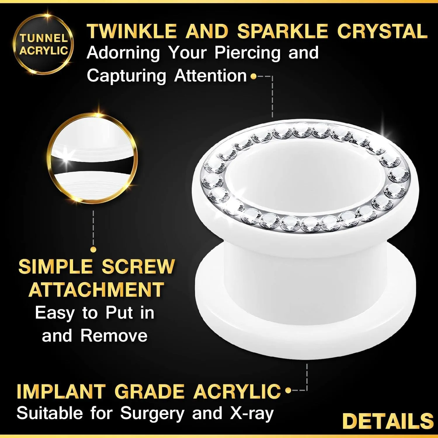 2PCS Acrylic White Flesh Clear Crystal Studded Rim Earring Stretcher Ear Tunnel Gauges Lobe Piercing Jewelry Choose Sizes