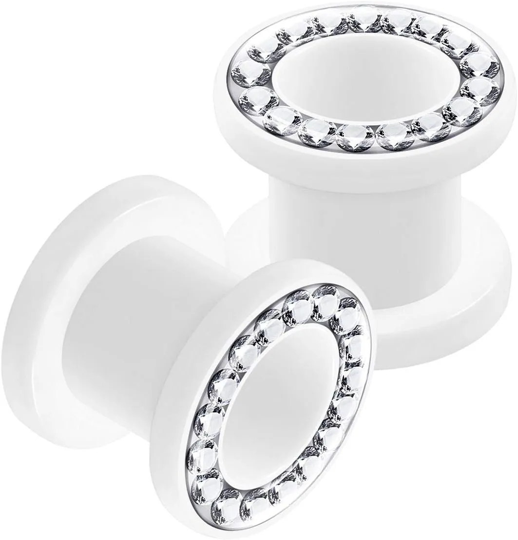 2PCS Acrylic White Flesh Clear Crystal Studded Rim Earring Stretcher Ear Tunnel Gauges Lobe Piercing Jewelry Choose Sizes