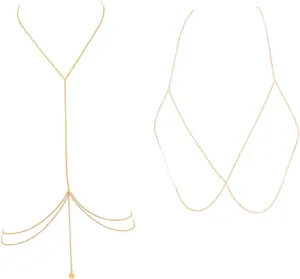 2Pcs Gold Body Chain Crossover Body Jewelry for Woemen Men Sexy Layered Metal Rave Accessories Belly Waist Chain Chest Bra Chain Set