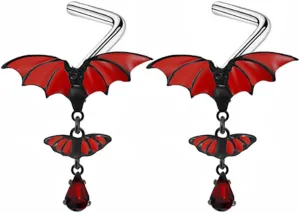 2Pcs L-Shaped Bat Dangle Nose Rings for Women Hypoallergenic Stainless Steel Nose Studs 20G Dangling Nostril Nose Piercing Jewelry