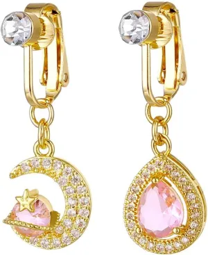 2Pcs Pink Crystal Moon Teardrop Fake Belly Button Rings: 18K Gold Plated Stainless Steel Non Piercing Dangle Belly Navel Rings