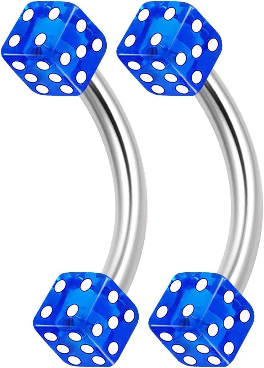 2PCS Stainless Steel Curved Barbell 16 gauge 5/16 8mm 3mm Dark Blue Dice Snakebites Earrings Eyebrow Piercing Jewelry 1677