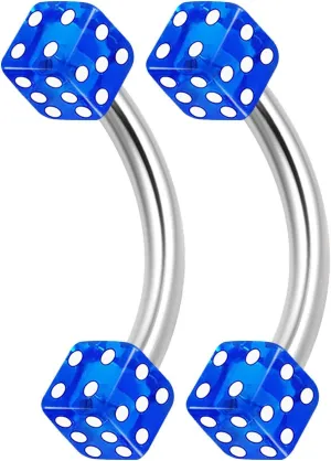 2PCS Stainless Steel Curved Barbell 16 gauge 5/16 8mm 3mm Dark Blue Dice Snakebites Earrings Eyebrow Piercing Jewelry 1677