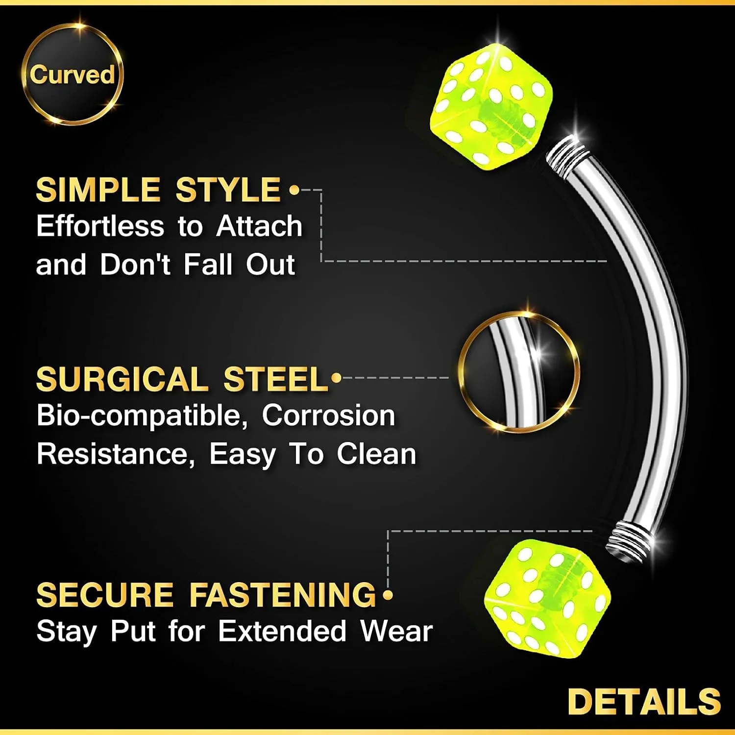 2PCS Stainless Steel Curved Barbell 16 gauge 5/16 8mm 3mm Dice Tragus Lobe Earrings Eyebrow Piercing Jewelry See More Colors