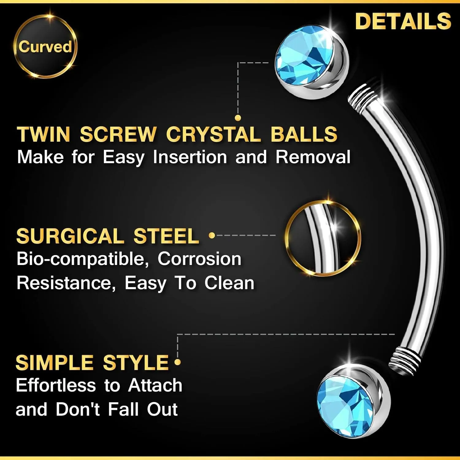 2PCS Surgical Steel Curved Barbell 16 gauge 5/16 8mm 3mm Crystal Ball Helix Earrings Eyebrow Piercing Jewelry See More Colors