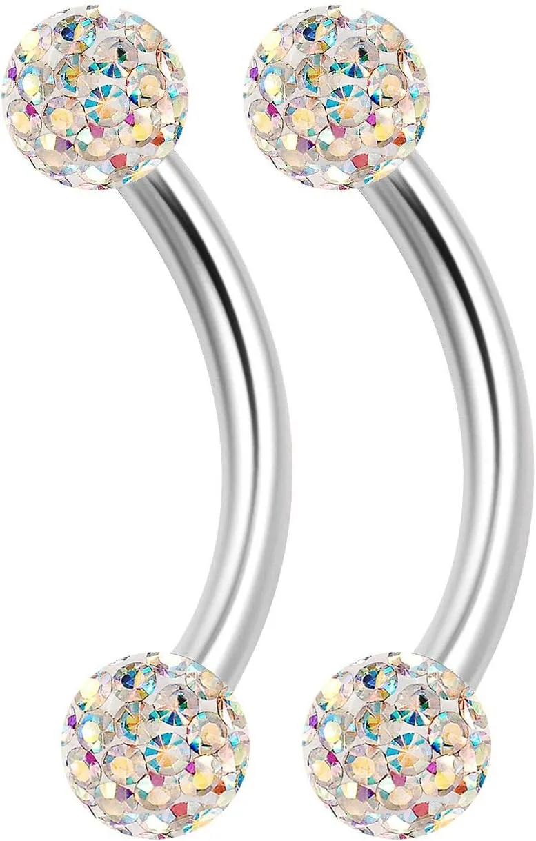2PCS Surgical Steel Curved Barbell Ring 16g 5/16 8mm 3mm Crystal Ball Helix Earrings Eyebrow Piercing Jewelry Choose Colors (2pcs 8mm Aurora Borealis)