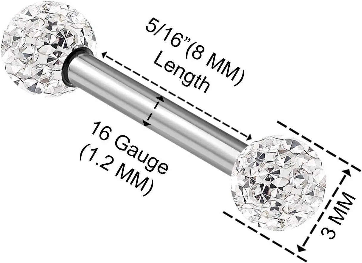 2PCS Surgical Steel Straight Barbell 16g 5/16 8mm 3mm Crystal Ball Tragus Earrings Cartilage Piercing Jewelry See More Colors