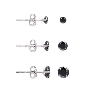 3 Pairs Black Cubic Zirconia Earrings Studs, Sterling Silver Studs Earrings Set 3MM 4MM 5MM