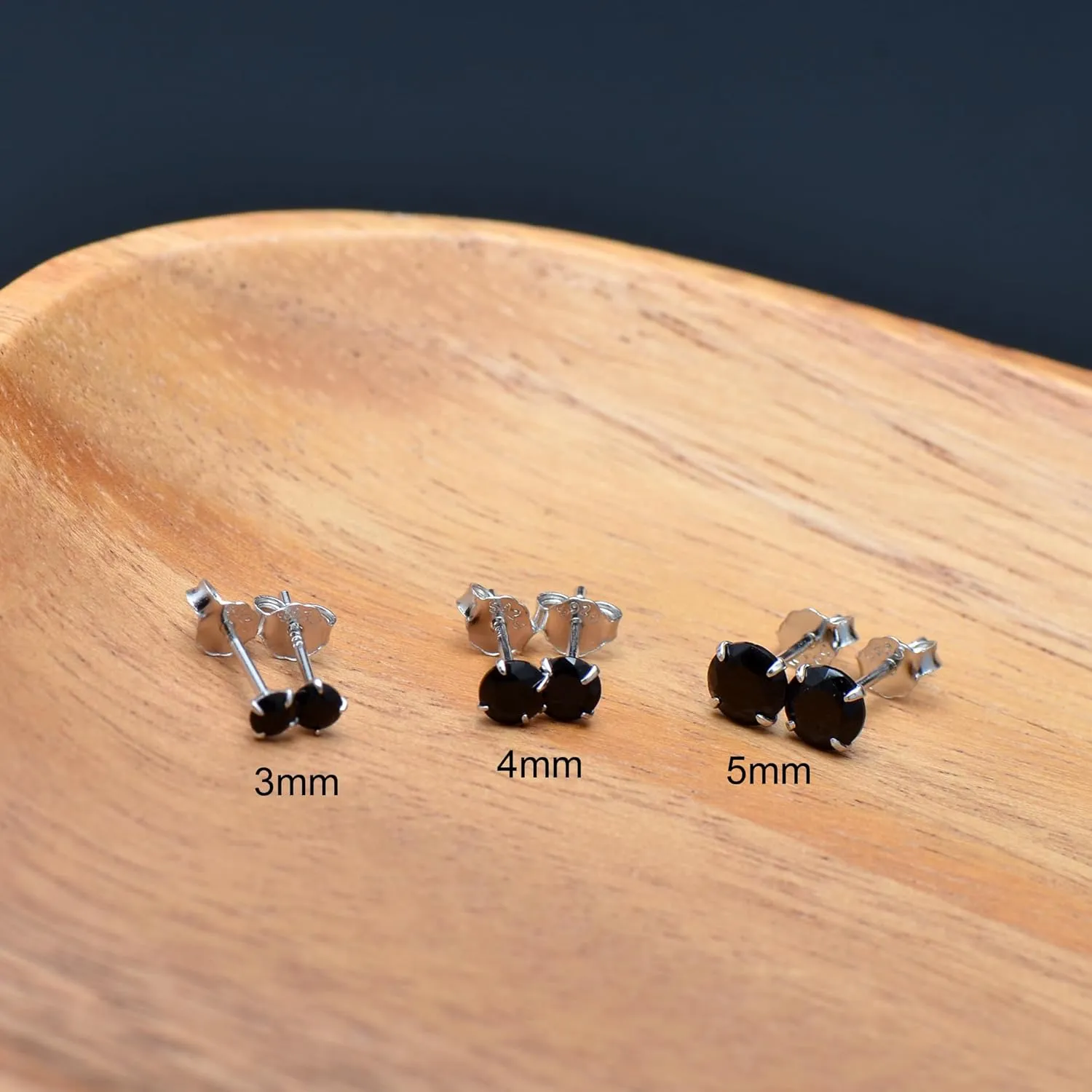 3 Pairs Black Cubic Zirconia Earrings Studs, Sterling Silver Studs Earrings Set 3MM 4MM 5MM