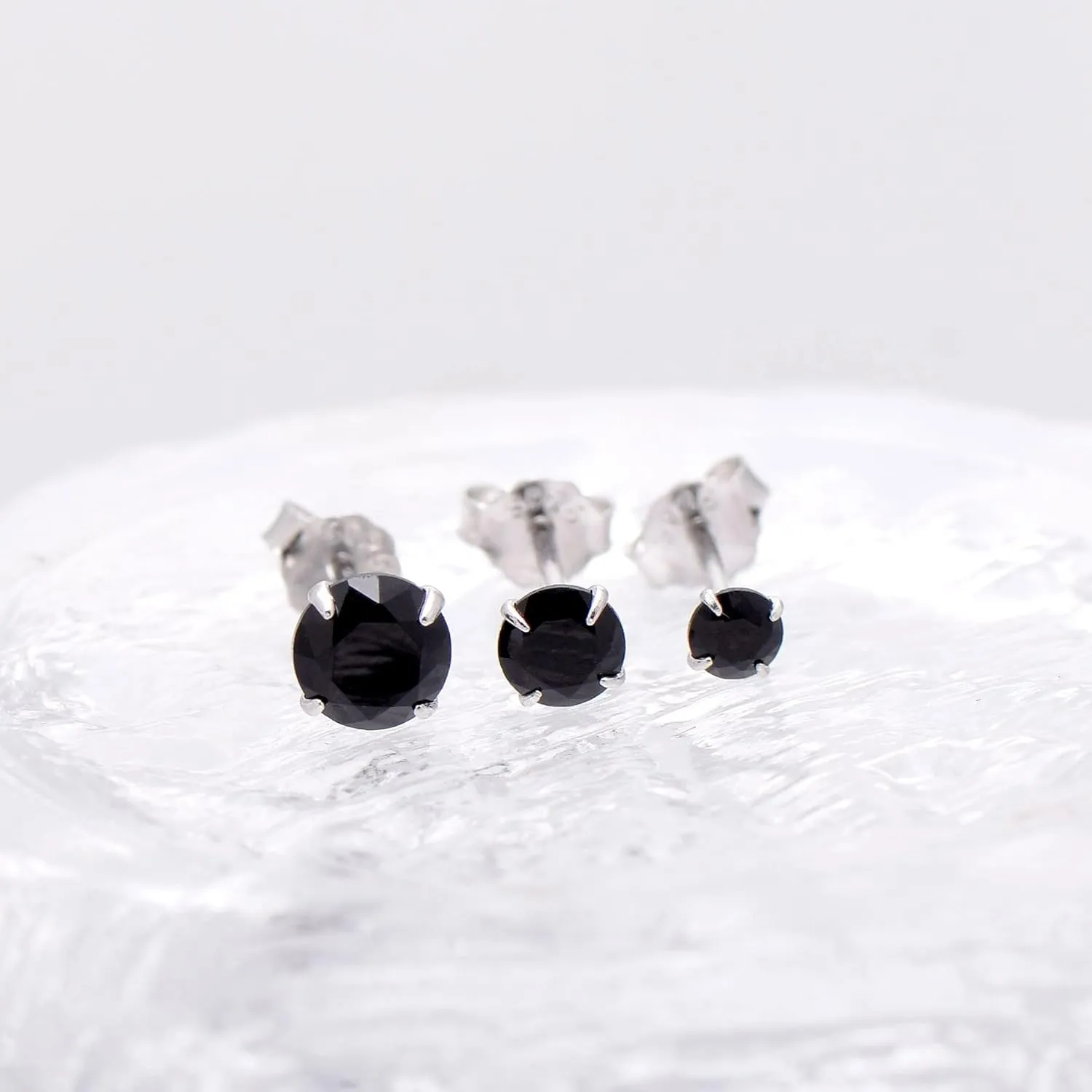 3 Pairs Black Cubic Zirconia Earrings Studs, Sterling Silver Studs Earrings Set 3MM 4MM 5MM