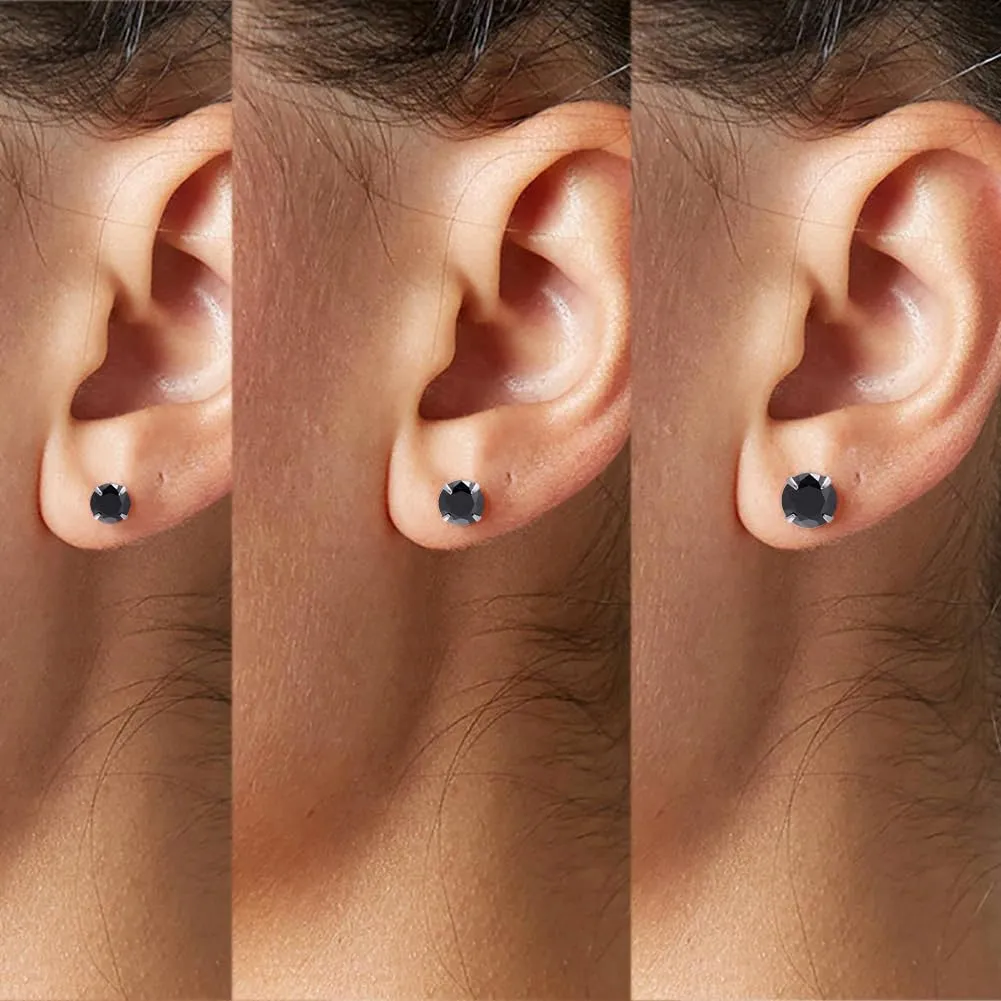 3 Pairs Black Cubic Zirconia Earrings Studs, Sterling Silver Studs Earrings Set 3MM 4MM 5MM