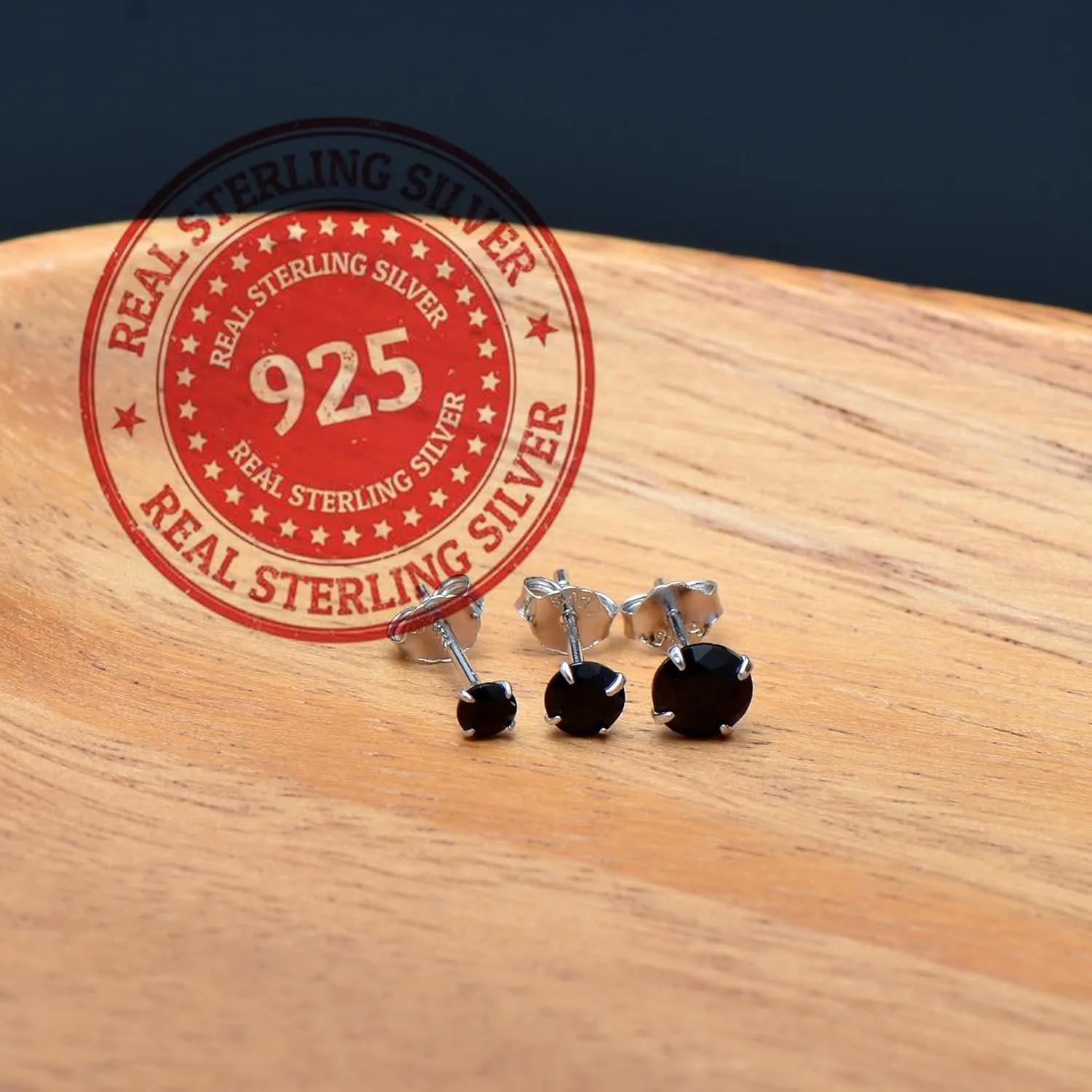 3 Pairs Black Cubic Zirconia Earrings Studs, Sterling Silver Studs Earrings Set 3MM 4MM 5MM