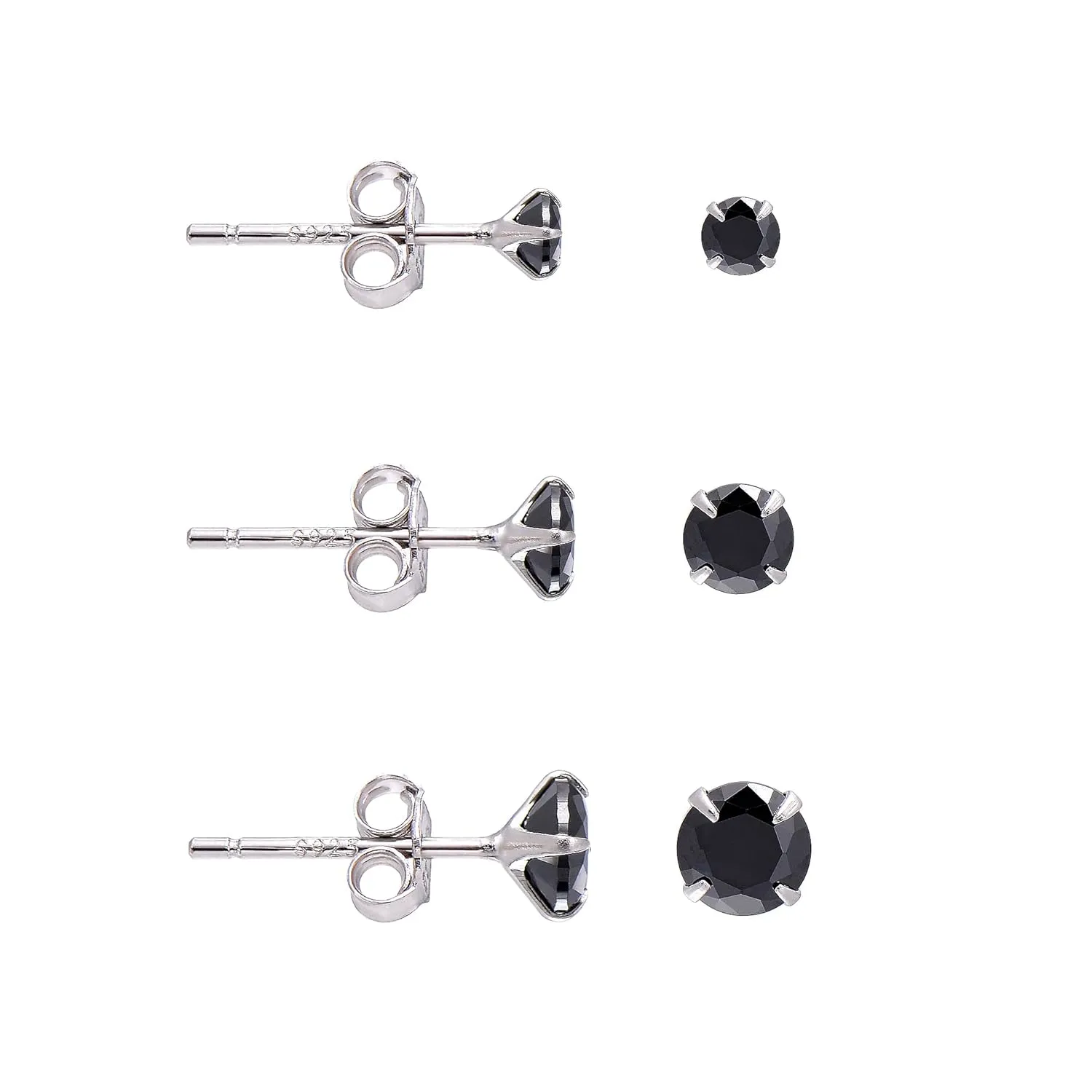 3 Pairs Black Cubic Zirconia Earrings Studs, Sterling Silver Studs Earrings Set 3MM 4MM 5MM