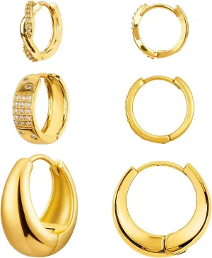 3 Pairs Gold Hoop Earrings Set for Women Trendy - 14K Real Gold Plated Hoop Earrings - Hypoallergenic Cute Zirconia Stud Earrings Jewelry Gifts for Multiple Piercing