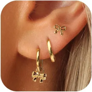 3 Pairs Gold Hoop Earrings Set Trendy Gold Plated Charm Earrings Stacks for Women CZ Butterfly Bow Stud Hoop Charm Huggie Earrings for Multiple Piercing Hypoallergenic
