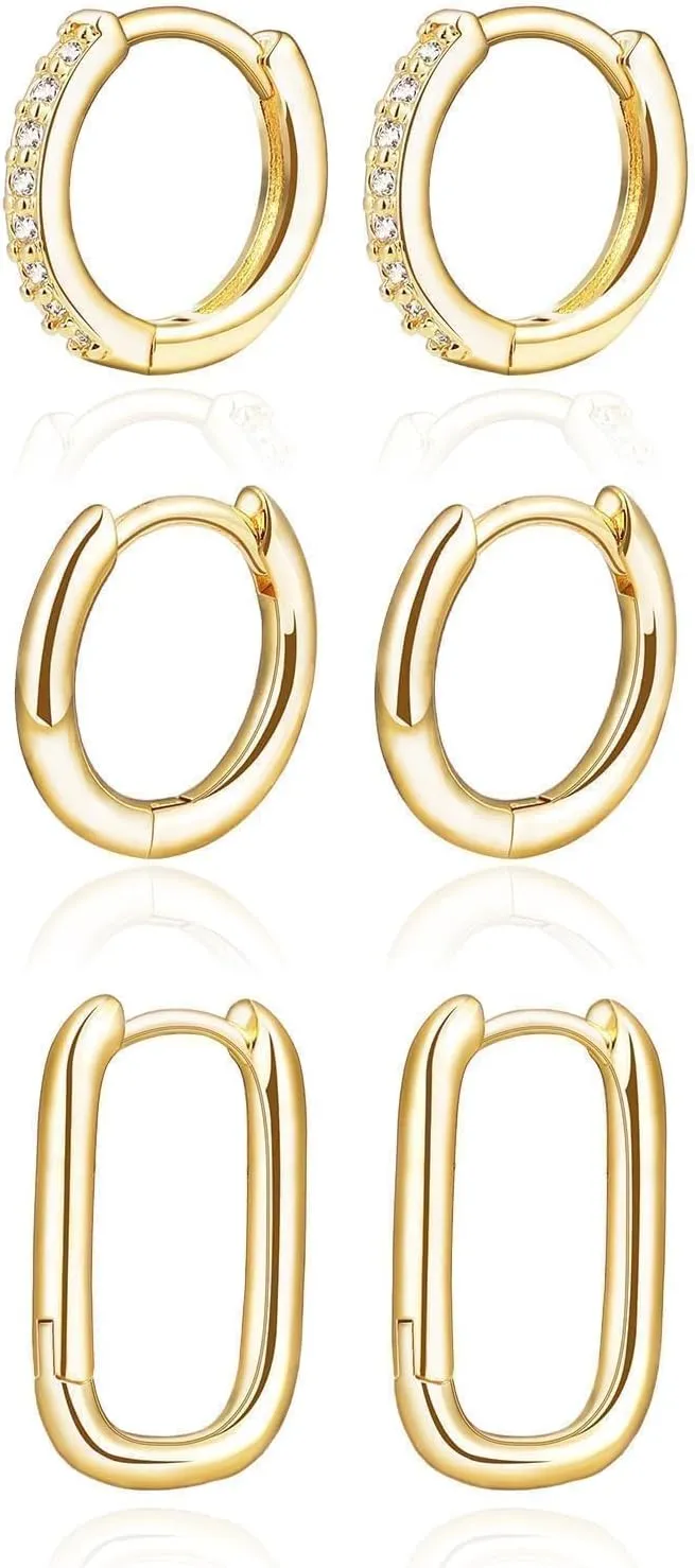 3 Pairs Gold Hoop Earrings Set Trendy Gold Plated Charm Earrings Stacks for Women CZ Butterfly Bow Stud Hoop Charm Huggie Earrings for Multiple Piercing Hypoallergenic
