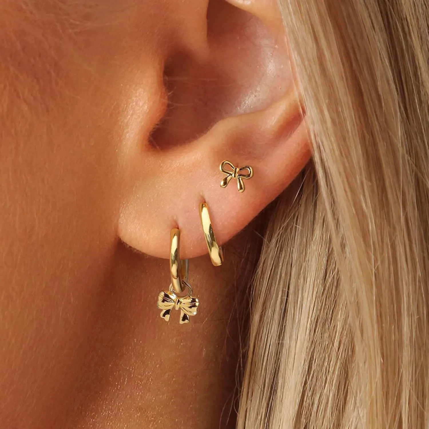 3 Pairs Gold Hoop Earrings Set Trendy Gold Plated Charm Earrings Stacks for Women CZ Butterfly Bow Stud Hoop Charm Huggie Earrings for Multiple Piercing Hypoallergenic