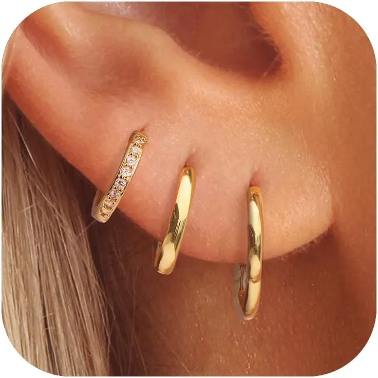 3 Pairs Gold Hoop Earrings Set Trendy Gold Plated Charm Earrings Stacks for Women CZ Butterfly Bow Stud Hoop Charm Huggie Earrings for Multiple Piercing Hypoallergenic