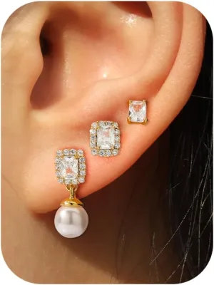 3 Pairs Gold Hypoallergenic Earrings for Women, 14K Gold Plated Cubic Zirconia Pearl Heart Studs & Hoop Earrings Sets for Multiple Piercing, Dainty Stackable CZ Cartilage Jewelry Gift