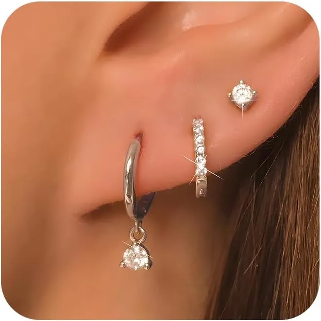 3 Pairs Small Silver Hoop Earrings Set, Hypoallergenic Stud Earrings for Women Trendy,Dainty Cartilage Huggie Dangle Earrings for Multiple Piercing Silver Cubic Zirconia Earring Stacks Jewelry